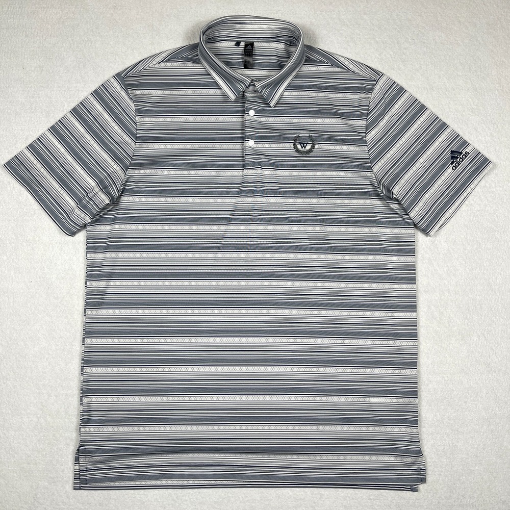 Adidas Polo Shirt Mens Large Gray Striped Golf Casual Vacation Travel Preppy